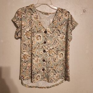FLJ Studio Short Sleeve Button Down Green Paisley Print Blouse S NWT